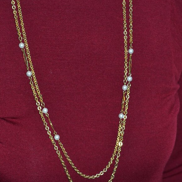 Long Necklace, Faux Pearls and Gold Tone, Vintage Park Lane, 60" - Picture 6 of 6